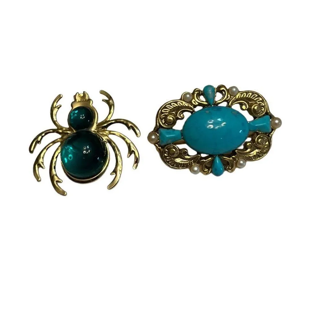 Lot of Jewelry Turquoise Spider Brooches Heart Pearl Earrings Bracelet Stone Pin